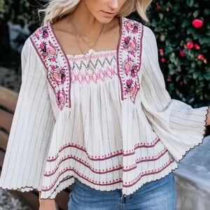 THML Double Smocked Embroidered Peasant Top EUC